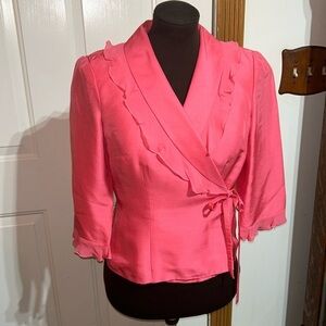 David Warren NY Coral Wrap Tie Around Ruffle Collar Top Shell 100% Silk Size 6